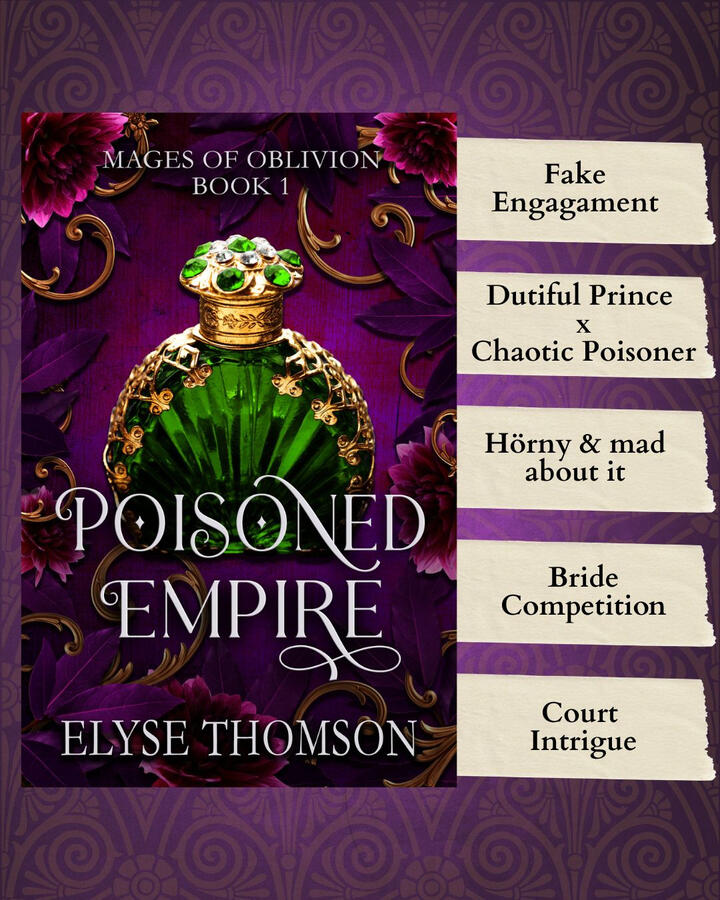 Poisoned Empire Trope Board Cover for Poisoned Empire on purple background with tropes listed beside it