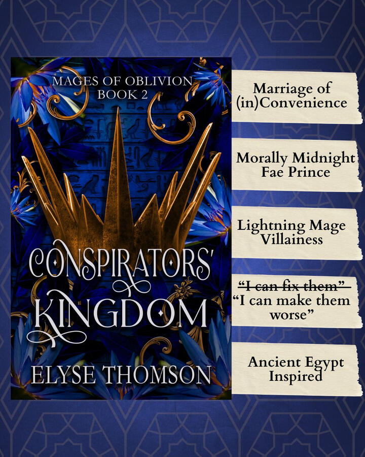 Conspirators' Kingdom trope board Conspirators' Kingdom ebook cover beside a list of tropes on a blue background