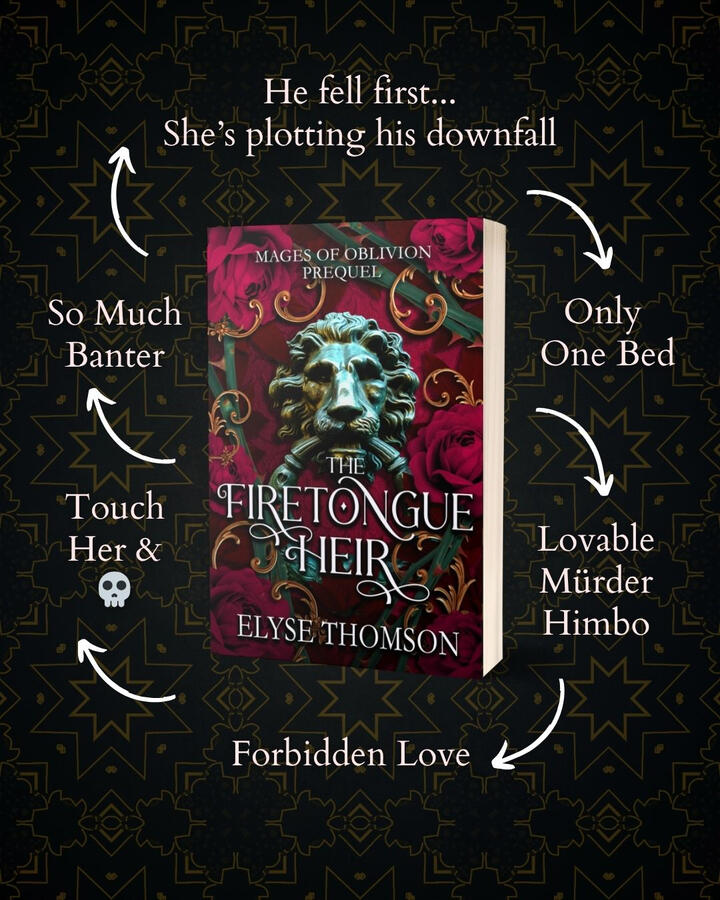 The Firetongue Heir trope map The Firetongue Heir papeback mock-up on a black background, surrounded by tropes